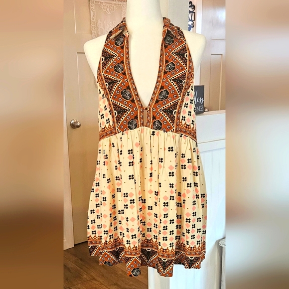 NWOT'S! FREE PEOPLE - Brown and Cream Print Collared Dress - Size L